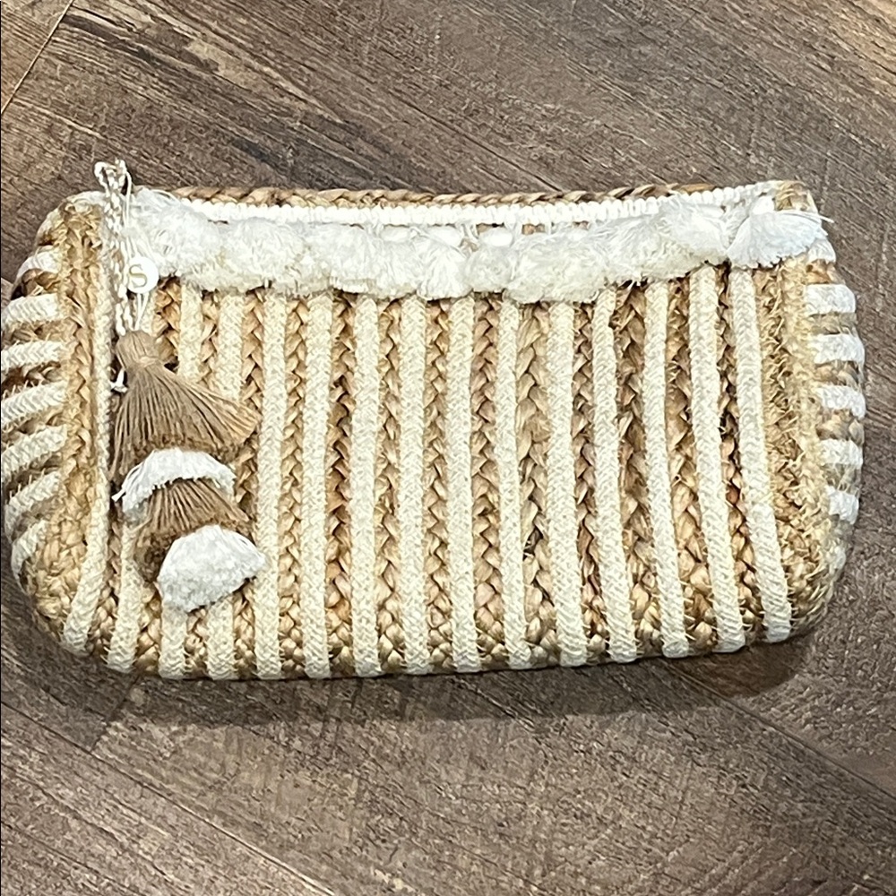 SHIRALEAH Woven Tan Clutch with Tassels